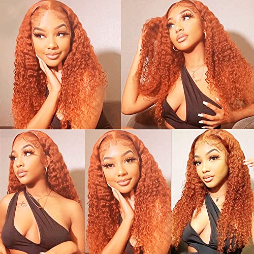 Curly Lace Front Wigs 24 Inch Ginger Deep Wave Real Human Hair Lace Frontal Wigs for Black Women Pre Plucked Hairline with Baby Hair 13x1 Middle Part Remy Hair Lace Wig with Baby Hair 150% Density