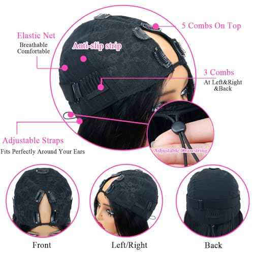 250% Density V Part Wig Human Hair with Drawstring Straight Brazilian Virgin Glueless Wig Human Hair for Black Women Upgrade U Part Wigs Full Head Clip In Half Wig No Leave Out Natural Color 18 Inch