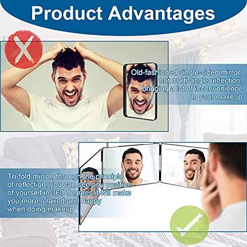 3 Way Mirror for Self Hair Cutting,360 Haircuts Men for Barber Use Tools,to See Back of Head,Tri Fold Mirror with Portable Height Adjustable Telescoping Hooks