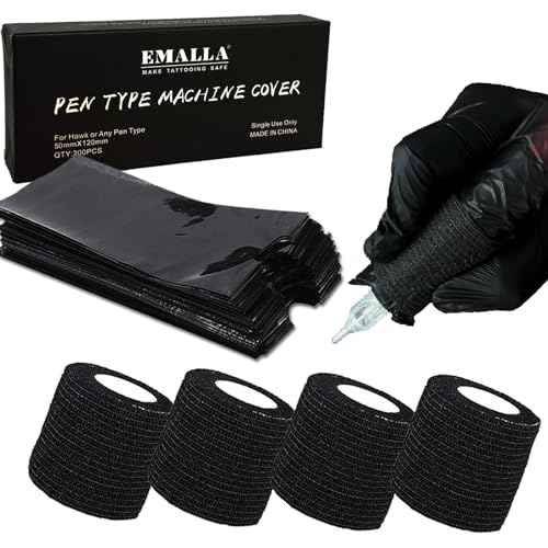Tattoo Pen Machine Covers and Grip Tape 200Pcs Machine Pen Covers with 4Pcs 2"x 5 Yards Grip Tape Wrap Machine Pen Bags Self-Adhesive Grip Tape Black for Beginners and Artists