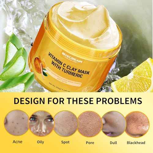 Turmeric Vitamin C Clay Mask with Kaolin Clay and Turmeric for Dark Spots, Dull Skin, Skincare Facial Mask for Controlling Oil and Refining Pores 5.29 Oz (yellow)