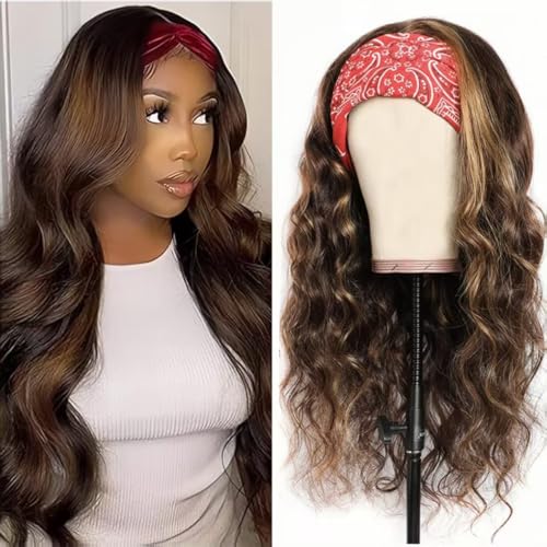 Ombre Headband Wig Human Hair #4/27 Highlight Body Wave Headband Wig Glueless None Lace Front Wig Brazilian Virgin Human Hair Wigs for Black Women Wear andGo Wig 180% Density 20 inch
