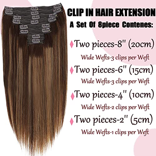 Real Full Head Silky Straight Clip in Extensions Balayage Chocolate Brown to Caramel Blonde 120g 8pcs Remy Hair Extensions Clip in Human Hair 18inch