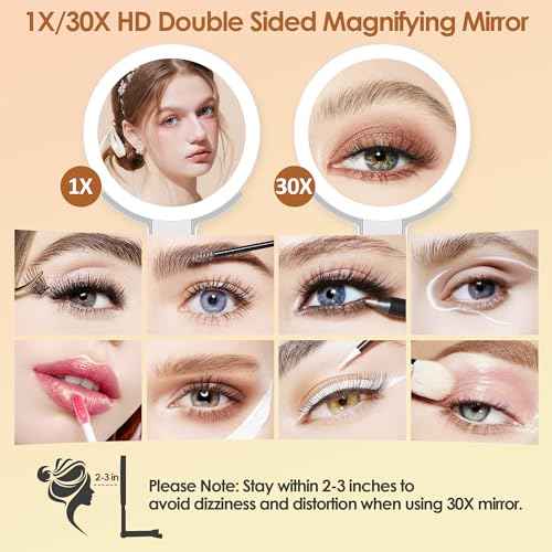 MIYADIVA Magnifying Mirror with Light, Double Sided 30X/1X Lighted Travel Makeup Mirror with Magnification, 3 Color Lighting, Dimmable Touch Screen, Adjustable & Foldable Hand Mirror (White)