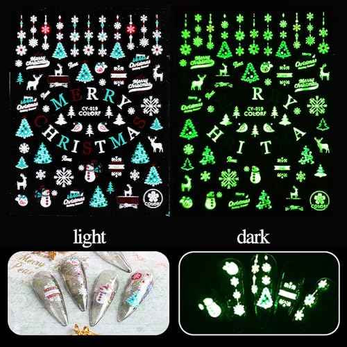 Christmas Luminous Nail Art Stickers, Fluorescent Nail Self-Adhesive Decals, Glow in The Dark Nail Art Design Snowflake Elk Christmas Nail Sticker Decoration for Women Manicure 3D Nail Decal£¨6Sheet