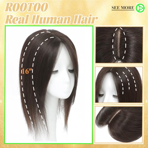 Rootoo Hair Toppers for Women Real Human Hair, 16 Inch Realistic Biological Scalp Topper Hair Pieces for Women with Thinning Crown with Middle Part Clip in Bangs Big Base 360¡Æ Cover (Dark Brown)