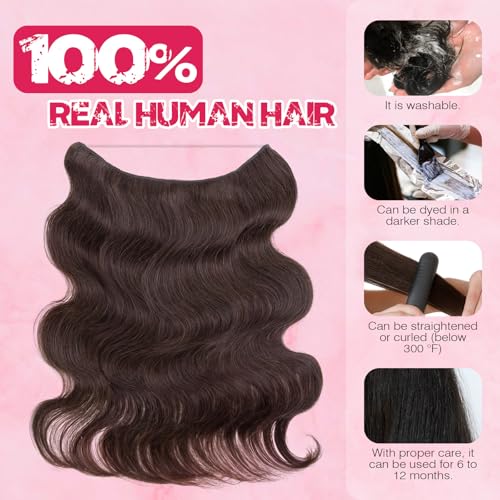 Halo Hair Extensions Real Human Hair, MY-LADY Adjustable Halo Extensions Real Human Hair, 18 inch Dark Brown Women's Long Wavy Hair Invisible Wire Hair Extensions
