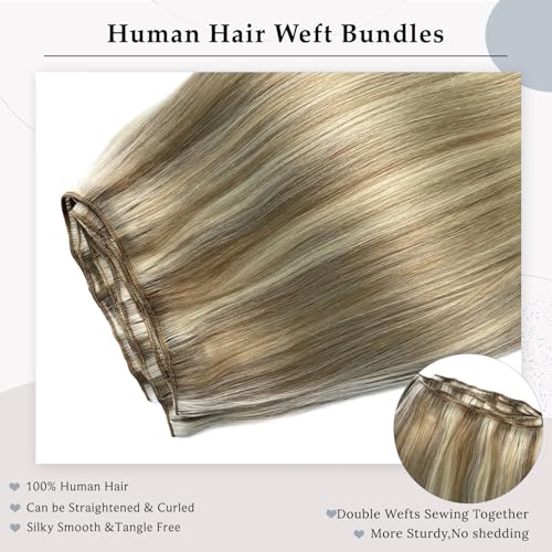 Balayage Blonde Hand Tied Weft Hair Extensions Human Hair 20 Inch Sew in Hair Extensions Real Human Hair 100G Ash Blonde Balayage Blonde Real Human Hair Weave Bundles Weft Extensions