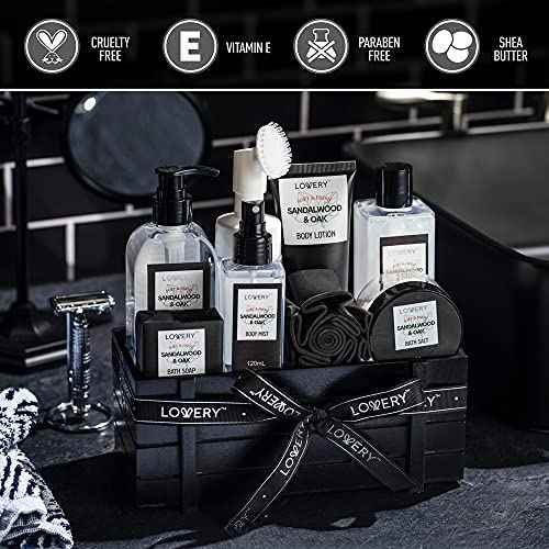 Birthday Gifts Spa Kit for Men - Sandalwood and Oak Scented Bath Gift Set and Shower Gift Basket With Face Wash & Brush, Shower Gel, Bubble Bath, Body Lotion, Body Mist, Handmade Soap, Salts & Puff