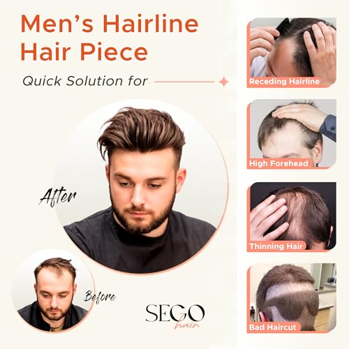 SEGO Men's Hairline Toupee 100% Human Hair Forehead Hairpiece V-Shape 1.57"x7" PU Thin Skin Base Natural Hairline Replacement£¨Hair:6" Long-#1 Jet Black