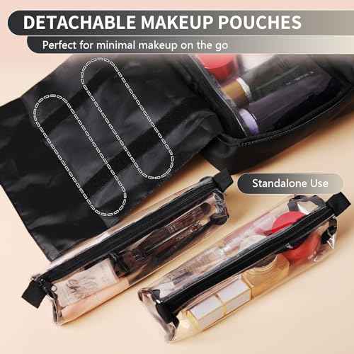 Solenna Black Travel Toiletry Bag for Women Men, Large Waterproof Leather Makeup Cosmetic Bag with 2 Removable Clear Bags, Portable Hanging Make Up Bag Bathroom Shower Toiletries Travel Organizer