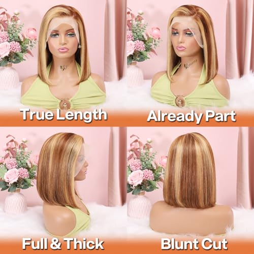 Bob Wig Human Hair 13x4 HD Lace Frontal Short Straight Lace Front Bob Wigs for Black Women Human Hair Pre Plucked Glueless Side Part 180% Density Ombre Highlight 4/27 12 Inch