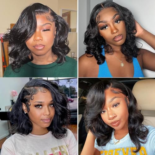 14 Inch Short Bob Wig Human Hair Wigs For Black Women 13x4 Glueless Lace Front Wigs Pre Plucked Transparent HD Brazilian Body Wave Lace Frontal Wigs Loose Wavy Human Hair Wig