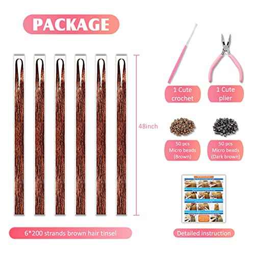 Brown Hair Tinsel Kit with Tools and Instruction Easy to Use 1200 Strands 48 Inches Glitter Tinsel Hair Extensions for Women and Girls, Sparkling Shinny Fairy Hair Accessories for Christmas New Year Halloween Cosplay Party