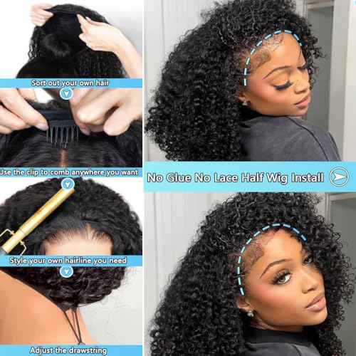 Curly Half Wig 200% Density Kinky Curly Half Wig 3 In 1 Seamless Flip Over Glueless Wigs with Drawstring Beginner Friendly Curly Wig Headband Wig for Women Daily Wear