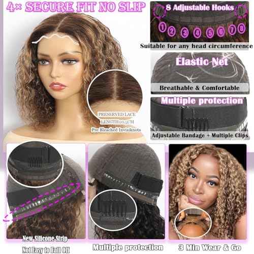 Ombre Curly Bob Wig Human Hair Glueless Wigs Human Hair Pre Plucked Pre Cut Short Highlights Closure Bob Wig Water Wave Middle Part Balayage Lace Frontal Human Hair Wigs for Black Women 4/27 14Inch