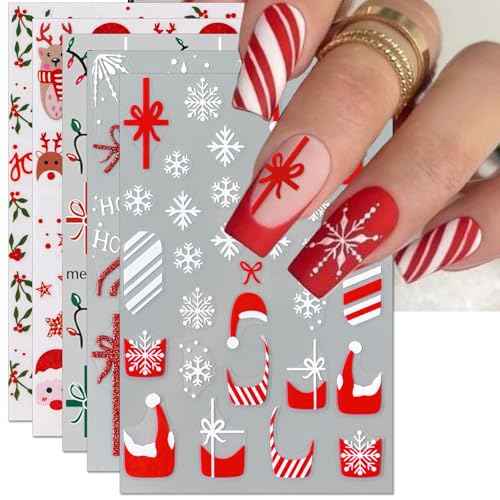 Christmas Gift Bow Nail Art Stickers, Santa Hat Elk Snowflake Design, 3D Self-Adhesive Glitter French Nail Tip Winter Holiday Nail Decals for Women (5 Sheets)