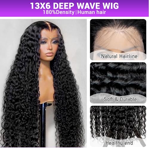 13x6 Full Lace Front Wigs Human Hair pre plucked Deep Wave Lace Front Wigs Human Hair 180% Density Curly Wig Glueless Water Curly Lace Frontal Wigs for Women 24Inch