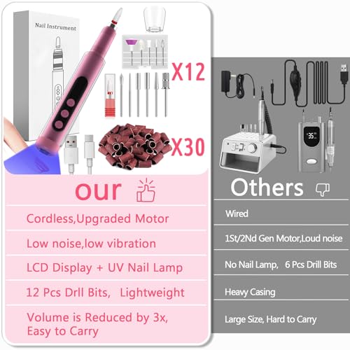 Electric Nail Drill Kit with U V Nail Lamp,Portable Cordless Electric Nail File with Display Screen,9 Speeds Professional Manicure Pedicure Polishing 12-in-1 Nail Drill Kit for Home and Salon Use