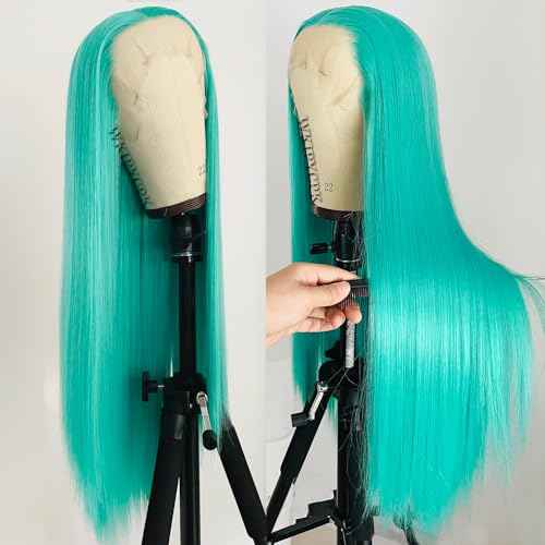 Blue Green Color Synthetic Lace Front Wigs for Fashion Women 24 Inch Long Silky Straight Hair Mint Green Wig 13x4 HD Lace Front Wigs Pre Plucked Hairline
