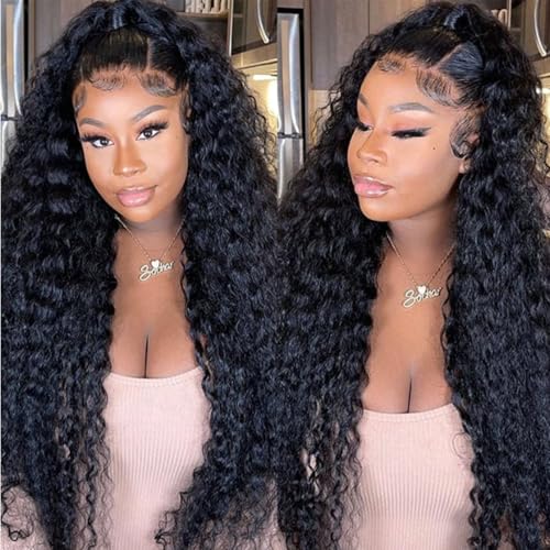 Deep Wave Lace Front Wigs Human Hair 200% Density Deep Curly Lace Frontal Wigs 26 Inch 13x4 Glueless Wigs HD Transparent Lace Front Wigs Human Hair Pre Plucked with Baby Hair for Black Women