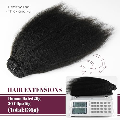 KRN Clip in, 136g 8 pcs Full And Thick Kinky Straight Hair Extensions Clip ins for Black Women 12A Natural Black Hair Extensions Clips in Human Hair with Clips Easy to Wear 22 Inch