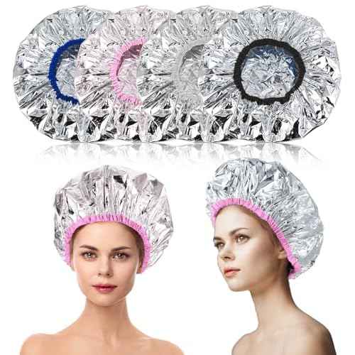 Heat Cap for Deep Conditioning, 4Pcs Hair Mask Heat Cap for Deep Conditioning Oil Treatment, Reusable & Elastic Aluminum Foil Hat Ideal for Coloring Perm, Steam Shower Spa Use