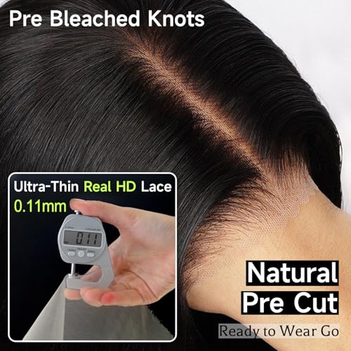 Wear and Go Glueless Wigs Human Hair Pre Plucked Pre Cut, Blunt Cut Bob Wigs Human Hair Bleached Knots 210% Density 12A Brazilian Virgin Hair 5x5 HD Lace Closure Wigs Black Women 10 Inch