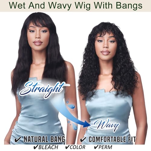Wig with Bangs 22inch Wet and Wavy Wig with Bangs Glueless Non-Lace Front Wig Machine Made Curly Bob Human Hair Wigs 150% Density Brazilian Virgin Hair for Women Natural Color