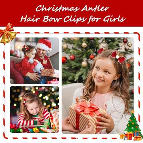 Beleki Christmas Hair Clips for Girls 2PCS Glitter Antler Hair Clip Grosgrain Hair Bows Hairpins Women Hair Accessories Christmas Gift for Girls Kids