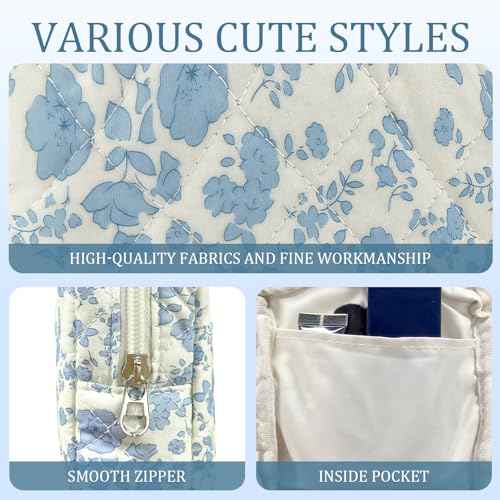 ZLFSRQ Small Quilted Makeup Bag for Purse Mini Flower Quilted Pouch Cute Cotton Makeup Bag with Compartments Aesthetic Cosmetic Bags for Women Coquette Zipper Lipstick Pouch Travel Essentials