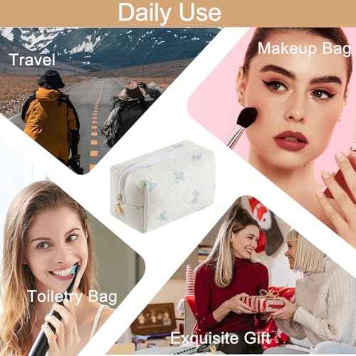 Cute Floral Cotton Makeup Bag, Quilted Makeup Bag for Women Girls, Travel Floral Cosmetic Bag Zipper Make Up Pouch, Flowers Toiletry Organizer Bag (Small Blue Bowknot)