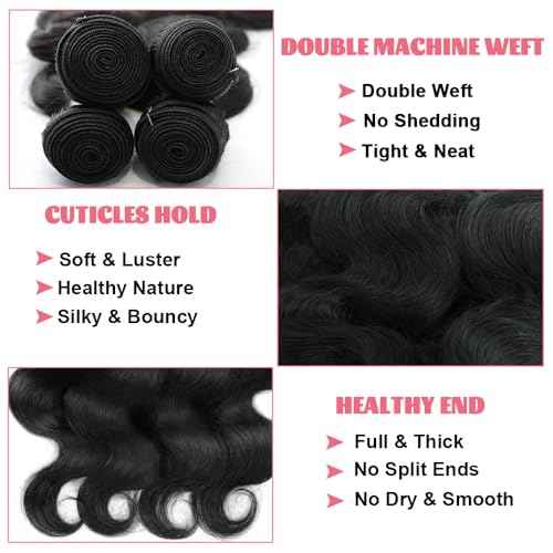 14A Body Wave Human Hair Bundles 16 18 20 22 Inch Bundles Human Hair 100% Unprocessed Brazilian Virgin Hair Body Wave 4 Bundles Human Hair Extensions for Women Natural Color Quick Weave