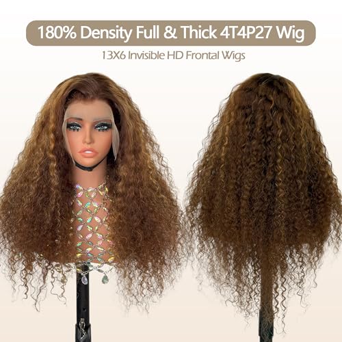 Highlight Ombre Deep Curly Lace Front Wigs Human Hair Pre Plucked 180% Density Honey Blonde Jerry Curly Wig Human Hair 13x6 HD Transparent Lace Frontal Wigs Human Hair for Women 20Inch