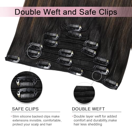 Pro2.0 Clip in Hair Extensions Real Human Hair 120g Thick 7pcs Color #1BT4 Natural Black Fading to Middle Brown Remy Real Human Hair Extensions Clip ins 14inch Double Weft£¨#1BT4-14inch£©