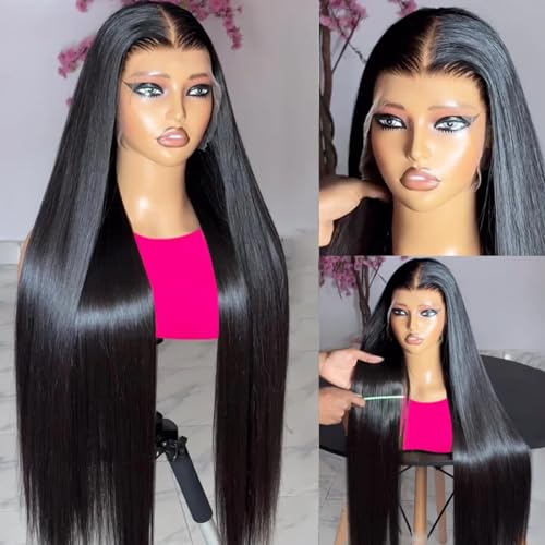 13x6 Lace Front Wigs Human Hair 180 Density HD Transparent Straight Lace Front Human Hair Wigs for Women Straight Lace Front Wigs Pre Plucked with Baby hair Natural Color (24 Inch)