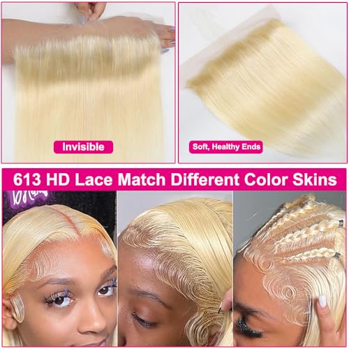 613 Frontal Straight 13x6 Transparent HD Lace Frontal Closure 12A Brazilian Virgin Remy Hair Free Part Ear to Ear Blonde Frontal Human Hair For Women Pre Plucked With Baby Hair 150% 14 Inch