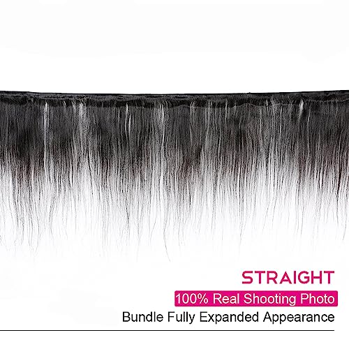 Human Hair 3 Bundles with Closure Straight 100% Unprocessed Virgin Brazilian Hair Bundles with 4x4 Lace Closure Free Part, Double Weft 10A Hair Weave Extensions (16" 16" 16" + 12" Closure)