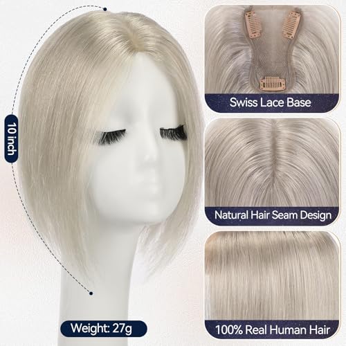 starluck Real Human Hair Toppers for Women 10 Inch Human Hair Topper no Bangs, 3 * 4.5 inches Swiss Base Suitable for ThinningHair Cover Grey Roots(Mixed Silver Grey)