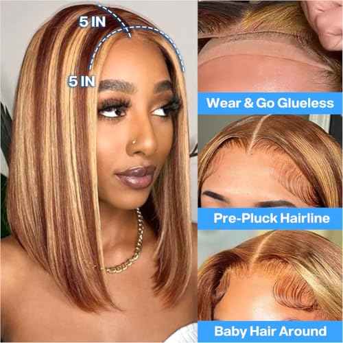 Wear and Go Glueless Bob Wig Human Hair 200% Density 5x5 HD Lace Closure Wigs For Black Women Glueless 5x5 Closure Wigs Human Hair Pre Plucked Bob Highlight Color 14 Inch