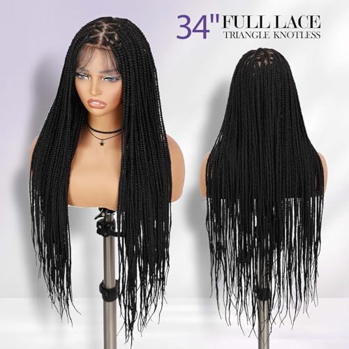 360 Full Lace Knotless Box Braided Wig, Long Black Synthetic Hair, Triangle Lace Front (Black, 34 inches)