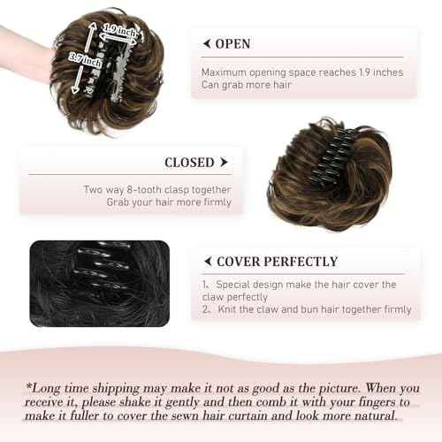 Claw Clip Messy Bun Hair Piece 100% Real Human Hair Buns Curly Chignon Hair Bun Extensions Wavy Tousled Updo Hair Buns Claw Clip Ponytail Hairpieces for Women(Dark Brown with Light Golden Brown)