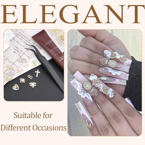 12 Grid Gold Nail Charms Kit - Crystal Pink Heart, Sparkly Dollar Sign, 3D Cross Butterfly Bowknot Charms - Y2K with Glue Gel, Tweezer for Women DIY Crafts Decoration