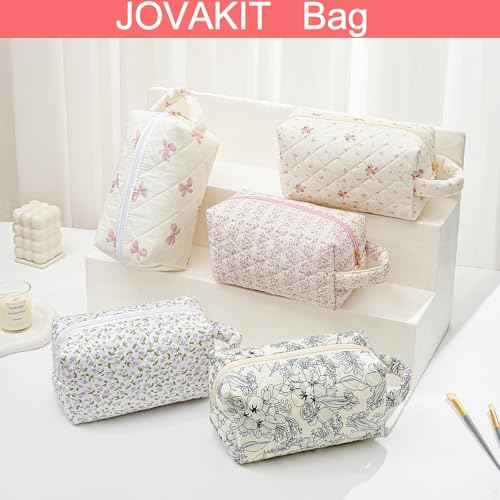 JOVAKIT Travel Makeup Bag Cosmetic Bag for Women, Fashion Christmas Gifts, Floral Flowers Coquette Toiletry Bag with Handle, Zipper Make Up Pouch Organizer Bag Trendy Stuff (Pink Bowknot)