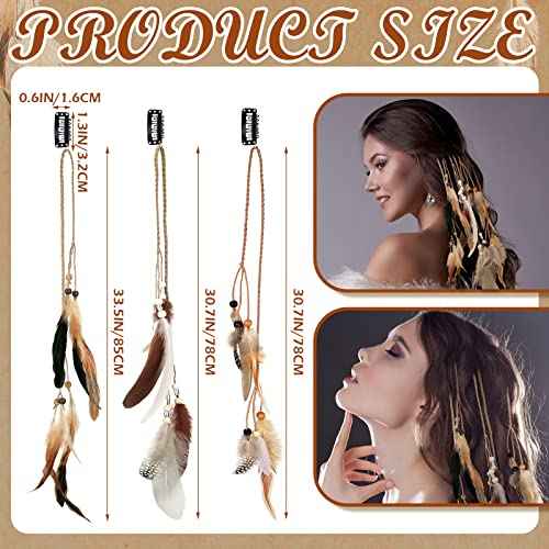 Geyoga 12 Pcs Feather Hair Clip Boho Hair Extensions with Feather Clip Comb Hippie DIY Accessories Hairpin Tribal Braided Beads Headdress for Women(Brown, Dark Brown,Stylish)