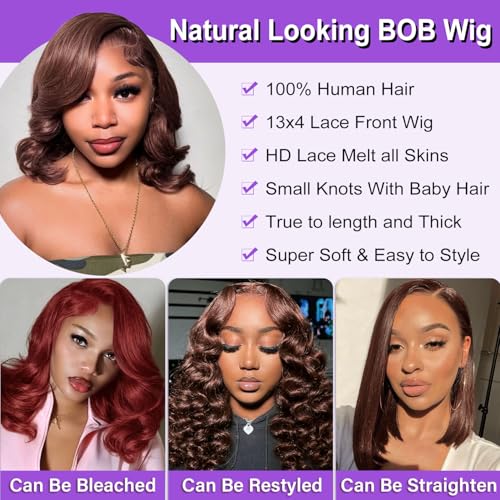 Hihmarm 13x4 Chocolate Brown Lace Front Wigs Human Hair Pre Plucked 12 Inch Body Wave Bob Wig Human Hair Short Bob Wigs for Black Women 180% Density Glueless Wig HD Lace Frontal Wigs Human Hair