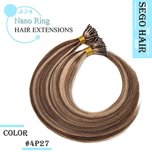 SEGO Nano Tip Hair Extensions Human Hair Balayage Nano Ring Beads Pre-bonded Seamless Highlight Extensions for Women 1g/strand 50g/pack -22 Inch 4P27 Medium Brown&Dark Blonde