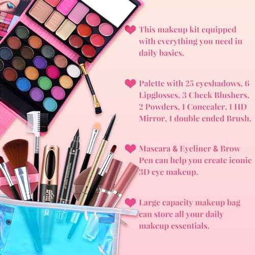 Makeup Set for Women Full Kit - 32 Colors Makeup Palette,5pcs Brushes Set, Mascara & Stamp Liquid Eyeliner, Eyebrow Pen, 2pcs Matte Liquid Lipsticks, 2 Powder Puff, 1 Cosmetic Bag Makeup Gift Set