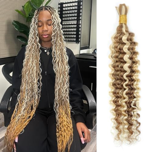 Highlighted Multi-Blonde Braiding Human Hair for Boho Knotless Braids, Ombre 27/613 Curly Braiding Hair Deep Wave Human Hair Bulk, No Weft Blonde Extensions 22 Inch 100G FULL BULK