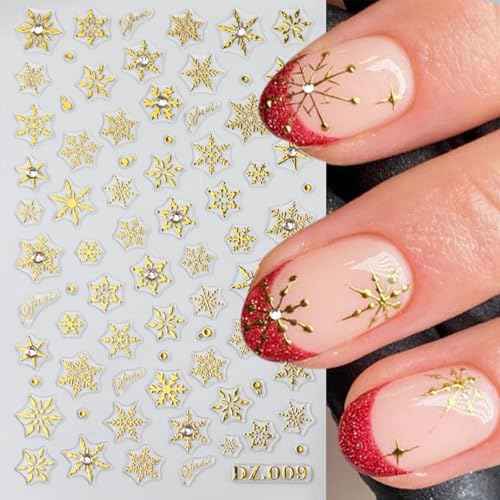 Christmas Snowflake Nail Art Stickers Gold Silver Snowflake Nail Decals with Rhinestones Design 3D Self Adhesive Nail Art Supplies Winter Shiny Snowflake Nail Sticker for Women Nail Art Decor, 4PCS
